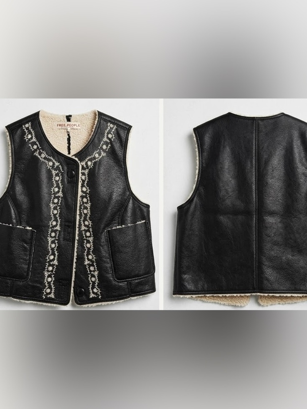 Free People Floral Embroidered Leather-Look Vest Black & Cream Small